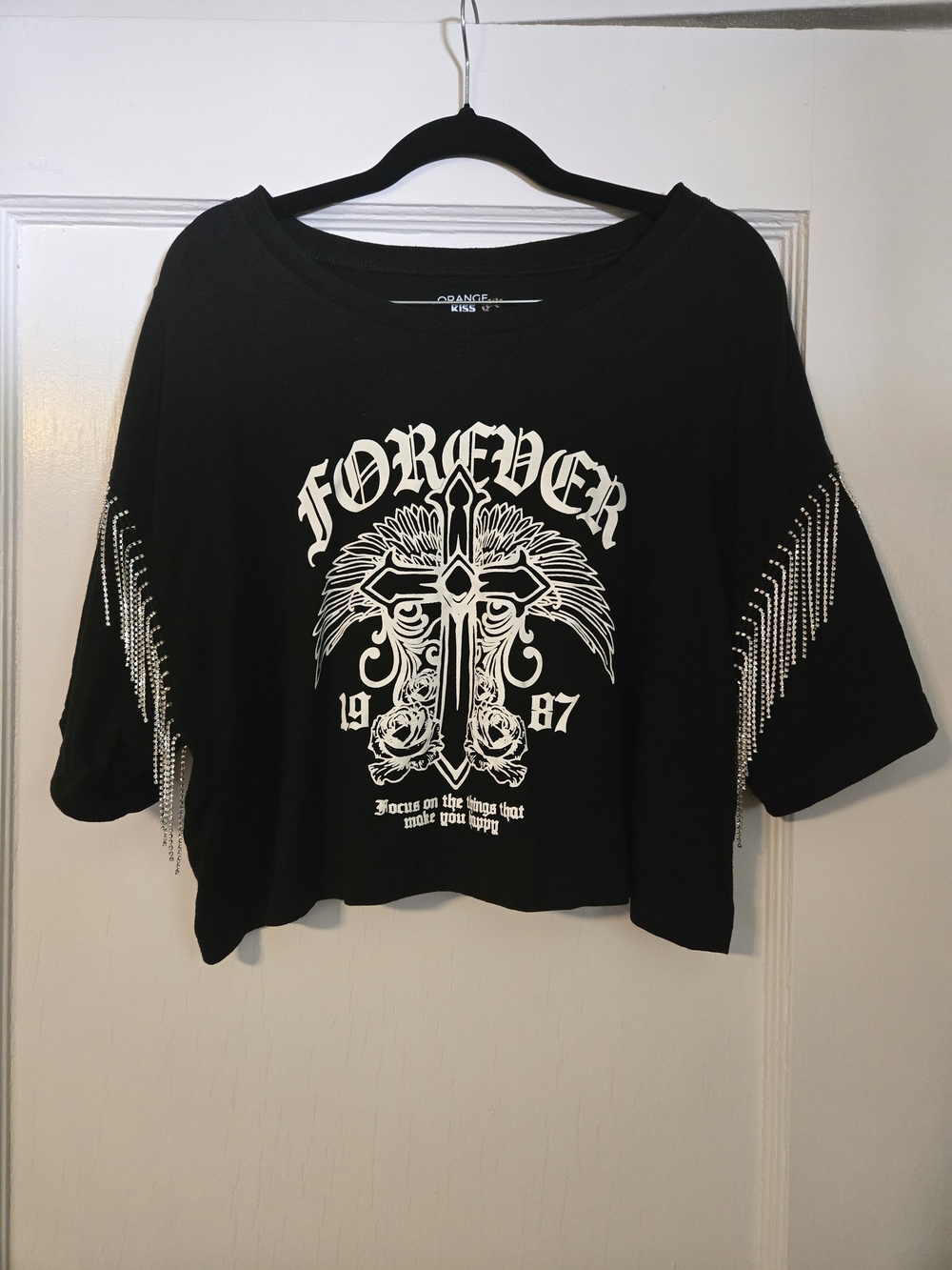 Black 'Forever' Graphic Fringe Crop Top